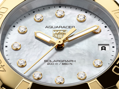 TAG Heuer Aquaracer Professional 200 Solargraph Two Tone Mother of Pearl Diamond Set Dial Womens Quartz 34mm Watch WBP1326.BB0004