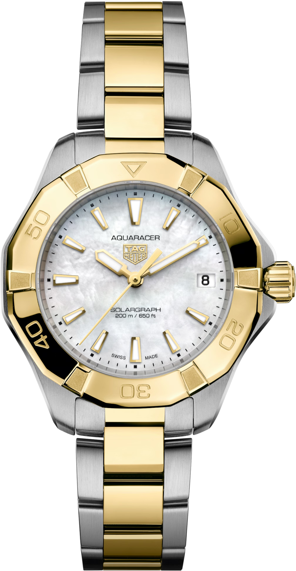 TAG Heuer Aquaracer Professional 200 Solargraph Two Tone Mother of Pearl Dial Womens Quartz 34mm Watch WBP1327.BB0004