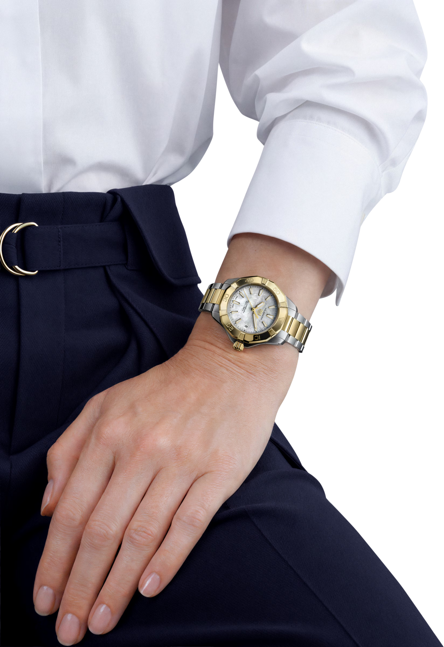 TAG Heuer Aquaracer Professional 200 Solargraph Two Tone Mother of Pearl Dial Womens Quartz 34mm Watch WBP1327.BB0004