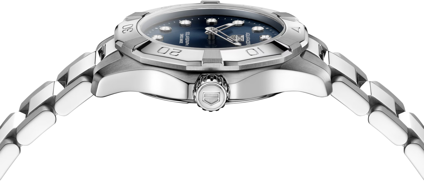 TAG Heuer Aquaracer Professional 100 Solargraph Stainless Steel Blue Diamond Set Dial Womens Quartz 28mm Watch WBP141E.BA0049