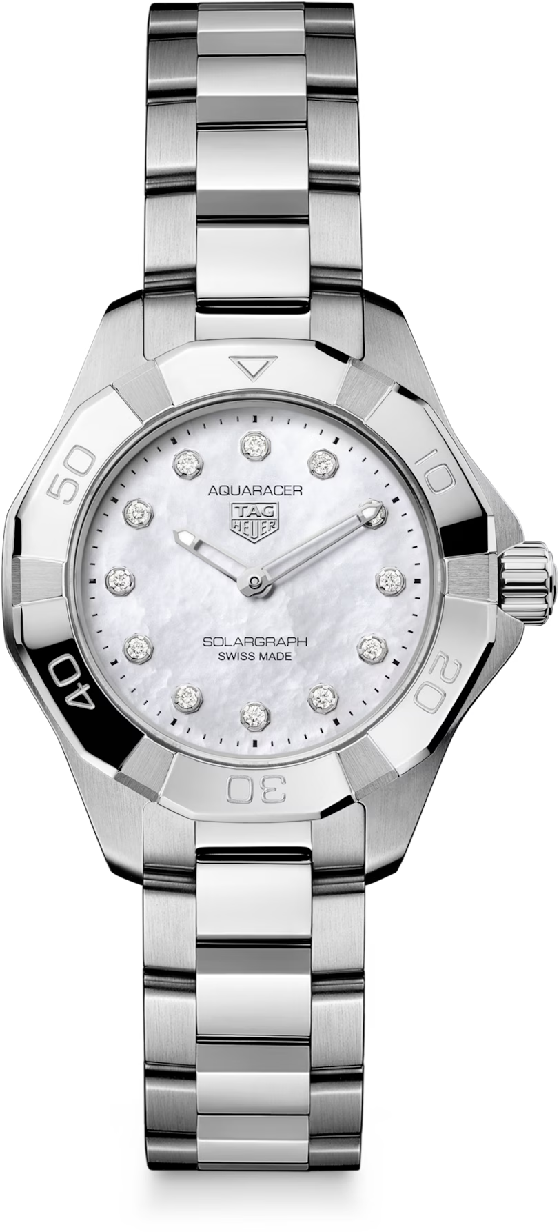 TAG Heuer Aquaracer Professional 100 Solargraph Stainless Steel Mother of Pearl Diamond Set Dial Womens Quartz 28mm Watch WBP141H.BA0049