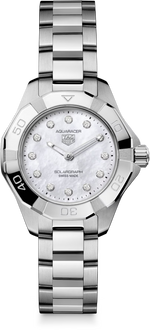 TAG Heuer Aquaracer Professional 100 Solargraph Stainless Steel Mother of Pearl Diamond Set Dial Womens Quartz 28mm Watch WBP141H.BA0049