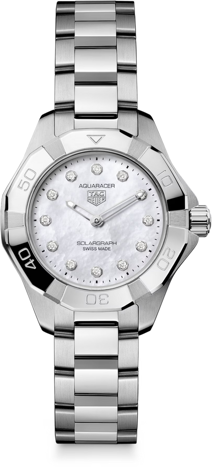 TAG Heuer Aquaracer Professional 100 Solargraph Stainless Steel Mother of Pearl Diamond Set Dial Womens Quartz 28mm Watch WBP141H.BA0049