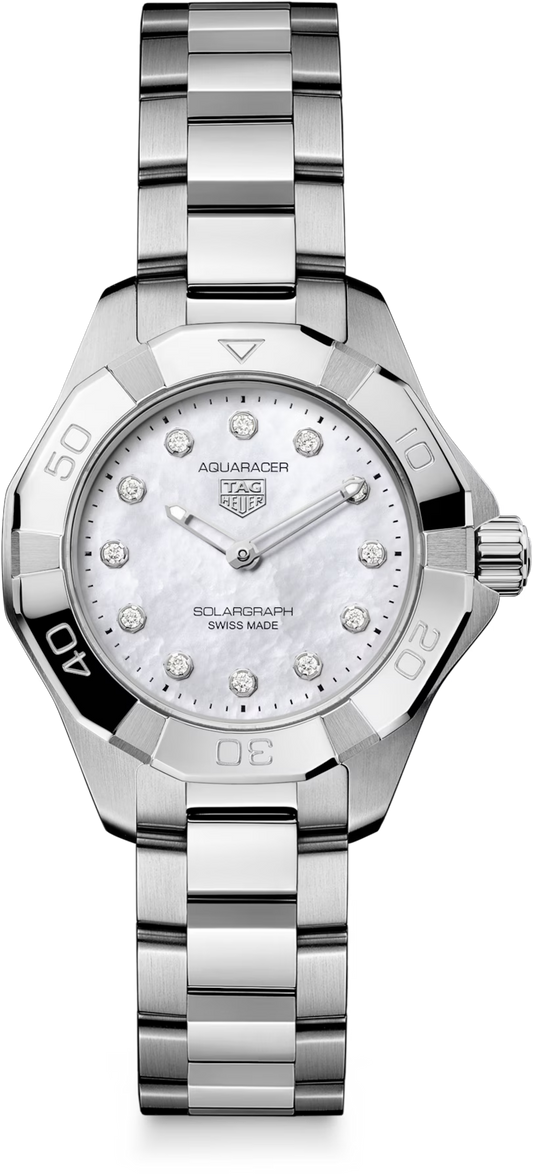 TAG Heuer Aquaracer Professional 100 Solargraph Stainless Steel Mother of Pearl Diamond Set Dial Womens Quartz 28mm Watch WBP141H.BA0049