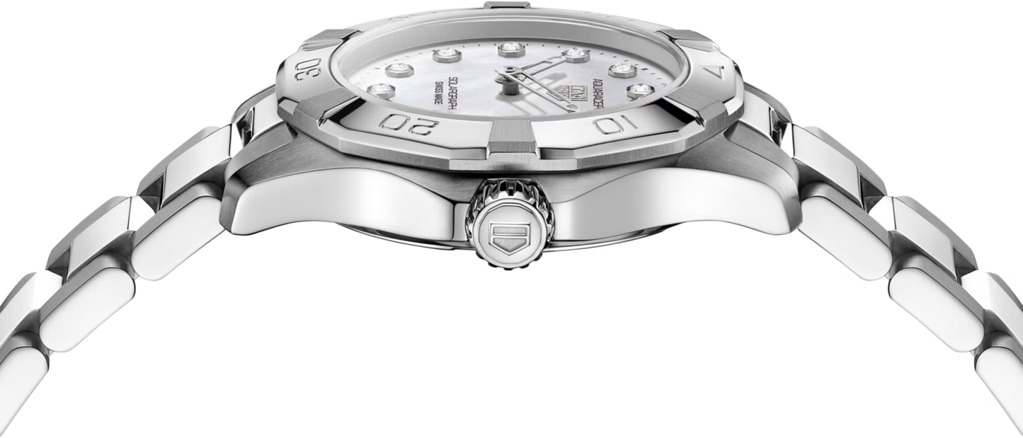TAG Heuer Aquaracer Professional 100 Solargraph Stainless Steel Mother of Pearl Diamond Set Dial Womens Quartz 28mm Watch WBP141H.BA0049