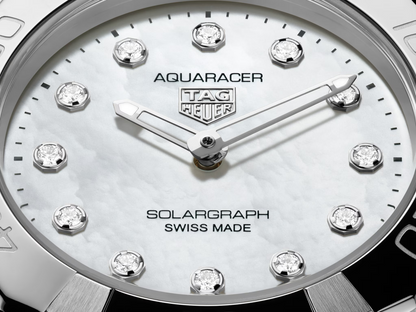 TAG Heuer Aquaracer Professional 100 Solargraph Stainless Steel Mother of Pearl Diamond Set Dial Womens Quartz 28mm Watch WBP141H.BA0049