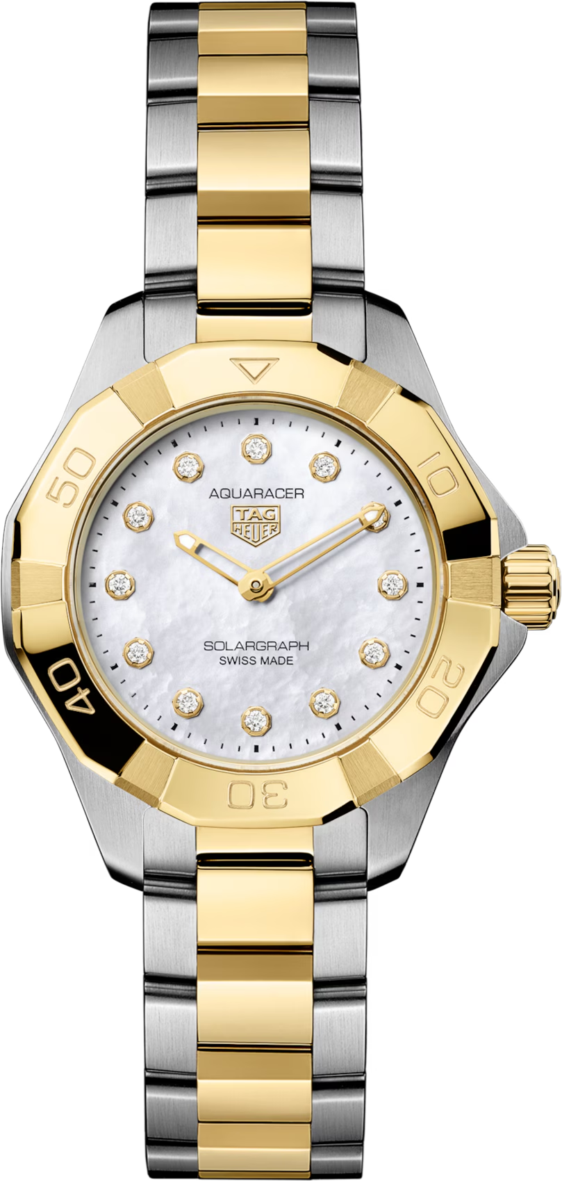 TAG Heuer Aquaracer Professional 100 Solargraph Two Tone Mother of Pearl Diamond Set Dial Womens Quartz 28mm Watch WBP1422.BB0006