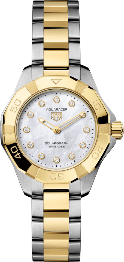 TAG Heuer Aquaracer Professional 100 Solargraph Two Tone Mother of Pearl Diamond Set Dial Womens Quartz 28mm Watch WBP1422.BB0006