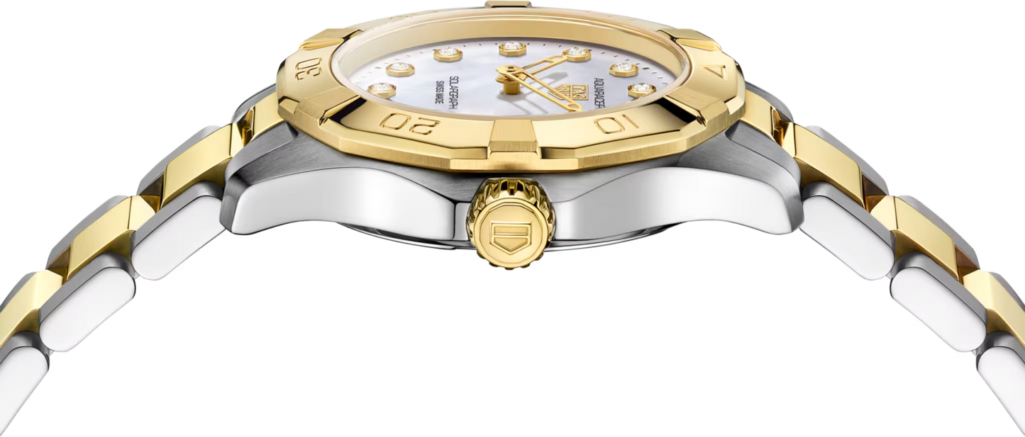 TAG Heuer Aquaracer Professional 100 Solargraph Two Tone Mother of Pearl Diamond Set Dial Womens Quartz 28mm Watch WBP1422.BB0006