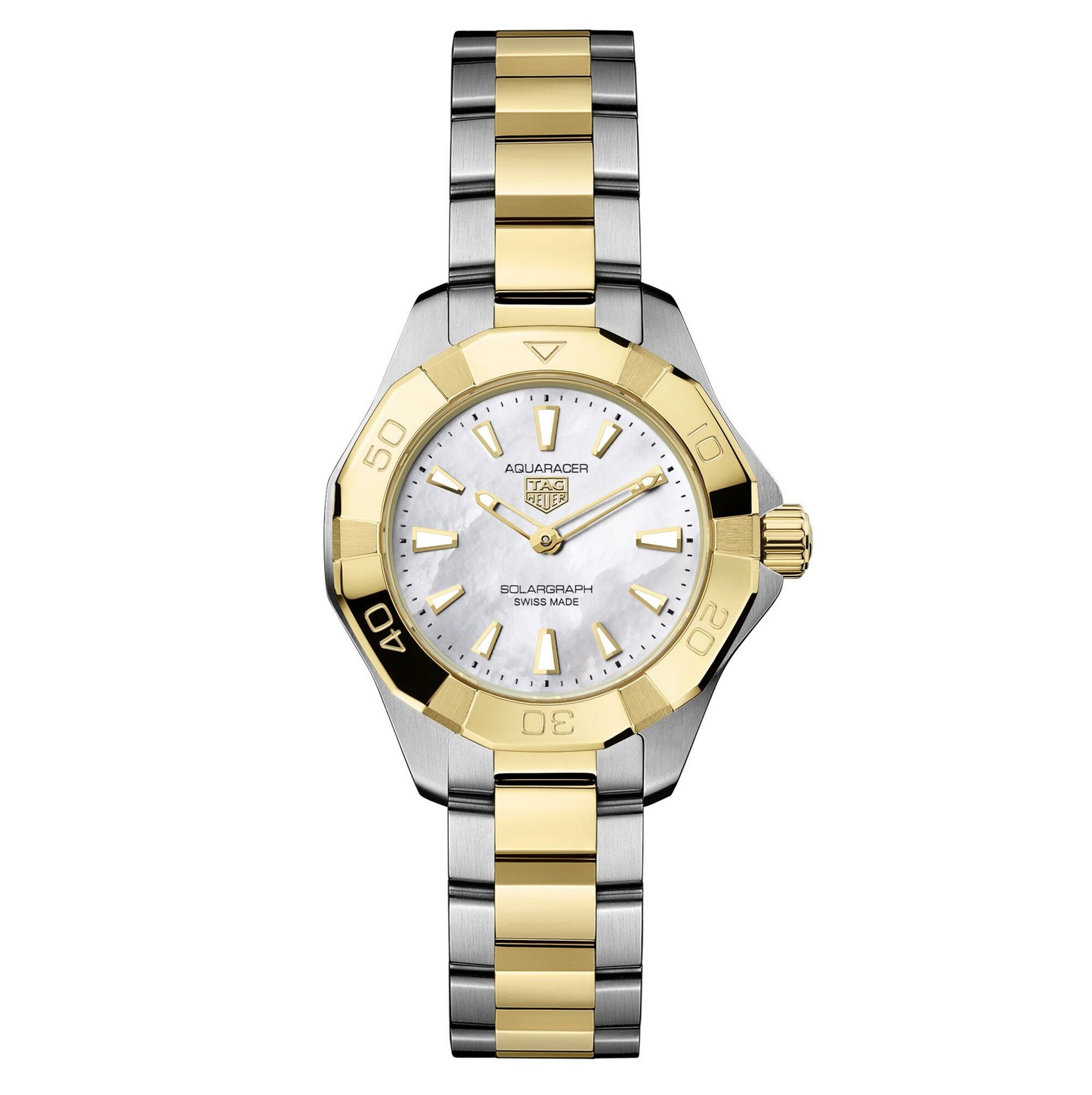 TAG Heuer Aquaracer Professional 100 Solargraph Two Tone Mother of Pearl Dial Womens Quartz 28mm Watch WBP1423.BB0006
