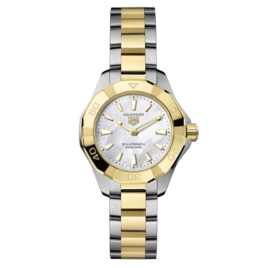 TAG Heuer Aquaracer Professional 100 Solargraph Two Tone Mother of Pearl Dial Womens Quartz 28mm Watch WBP1423.BB0006