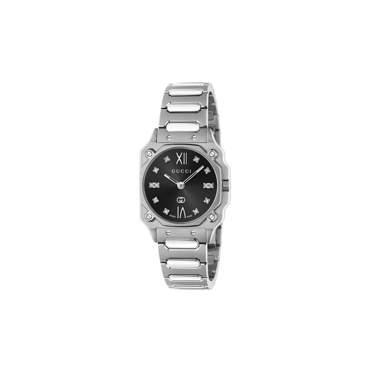 Gucci G-Flat Diamond Set Black Dial Stainless Steel Womens Quartz Watch YA166507