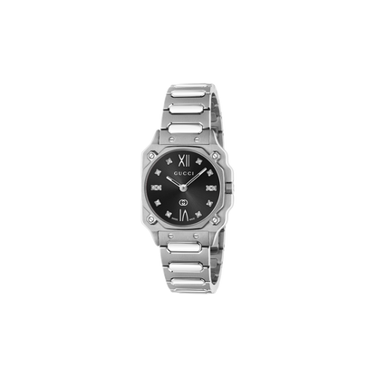 Gucci G-Flat Diamond Set Black Dial Stainless Steel Womens Quartz Watch YA166507