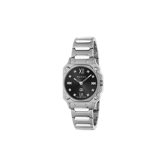 Gucci G-Flat Diamond Set Black Dial Stainless Steel Womens Quartz Watch YA166507