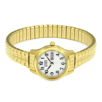 Citizen Eco-Drive White Dial Gold Plated Expanding Bracelet Womens Watch EW3152-95A