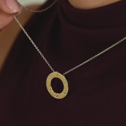 TI SENTO Sterling Silver & Gold Plated Two Tone 6 Cubic Zirconia Set Circle Pendant Necklace