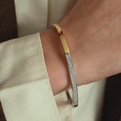 TI SENTO Contrast Sterling Silver & Gold Plated Two Tone Cubic Zirconia Set Hinged Bangle