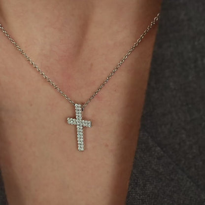 TI SENTO Sterling Silver Cubic Zirconia Set Two Row Cross Pendant Necklace