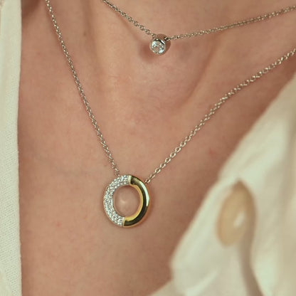 TI SENTO Contrast Sterling Silver & Gold Plated Two Tone Cubic Zirconia Set Circle Pendant Necklace