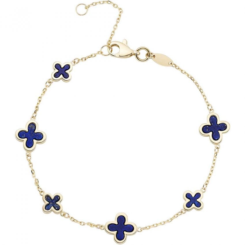9ct Gold Lapis Lazuli Flower Set Quatrefoil Four Leaf Clover Bracelet