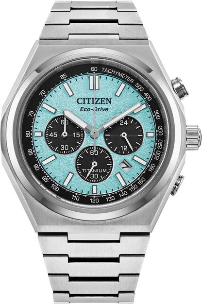 Citizen Eco-Drive Zenshin Light Blue Dial Titanium Mens Chronograph Watch CA4610-85M