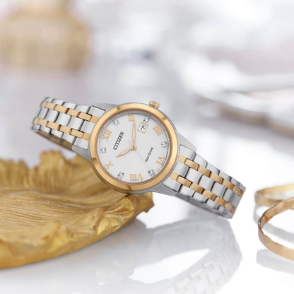 Citizen Eco-Drive Silhouette Crystal White Dial Two Tone Womens Watch FE1246-85A