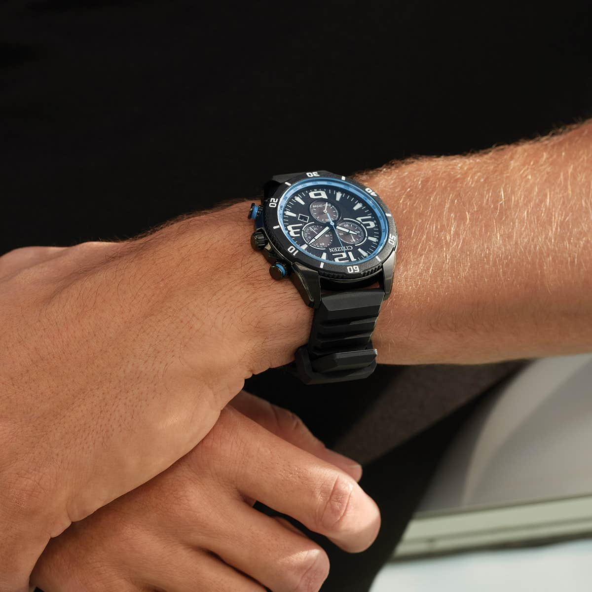 Citizen Eco-Drive Sports Black Dial Black Ion-Plated Stainless Steel Mens Chronograph Watch AT2587-02E