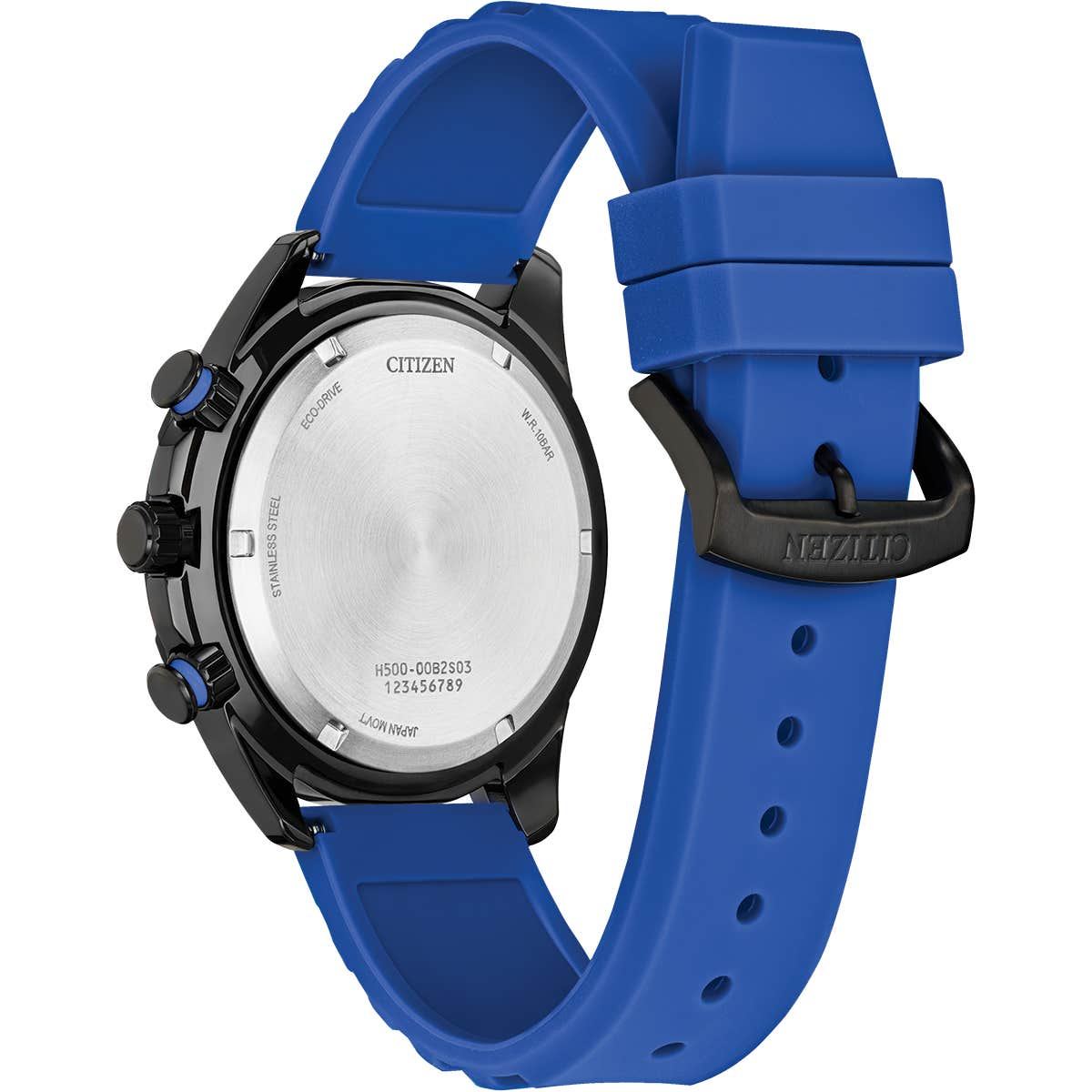 Citizen Eco-Drive Sports Blue Dial Black Ion-Plated Stainless Steel Mens Chronograph Watch AT2586-05E