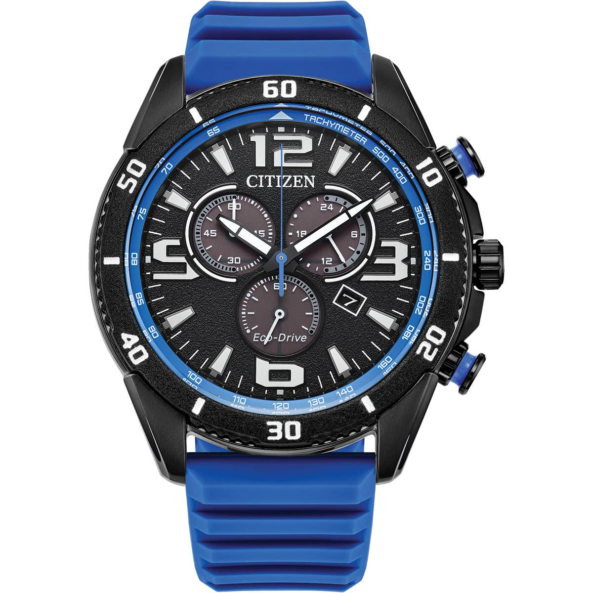 Citizen Eco-Drive Sports Blue Dial Black Ion-Plated Stainless Steel Mens Chronograph Watch AT2586-05E