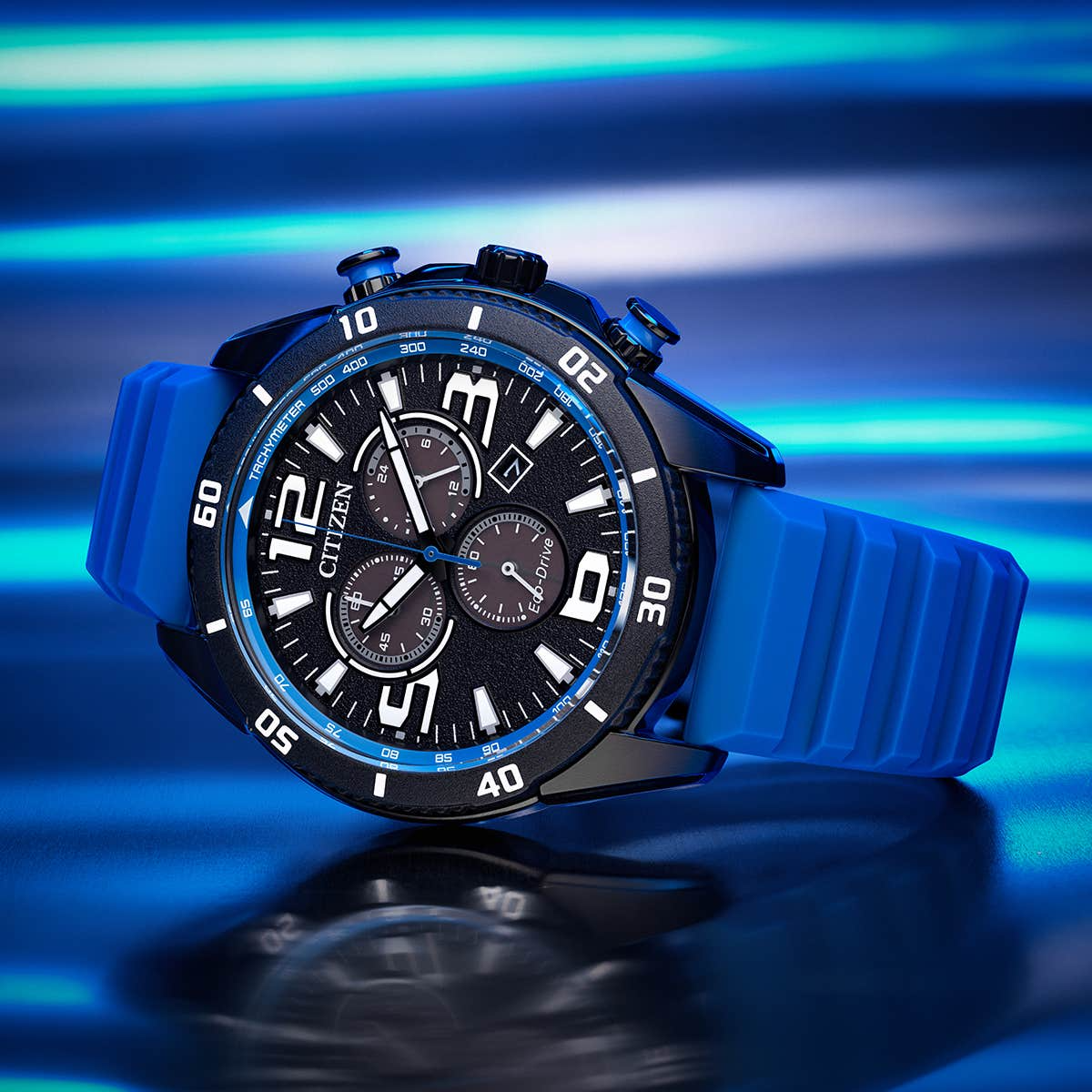 Citizen Eco-Drive Sports Blue Dial Black Ion-Plated Stainless Steel Mens Chronograph Watch AT2586-05E