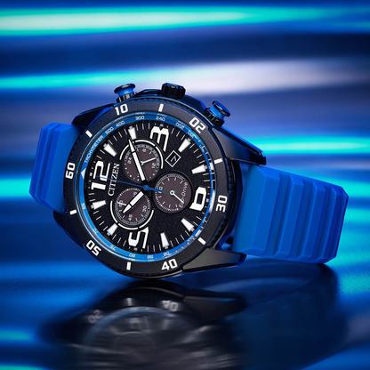 Citizen Eco-Drive Sports Blue Dial Black Ion-Plated Stainless Steel Mens Chronograph Watch AT2586-05E