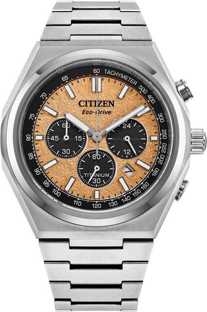 Citizen Eco-Drive Zenshin Salmon Dial Titanium Mens Chronograph Watch CA4610-85Z