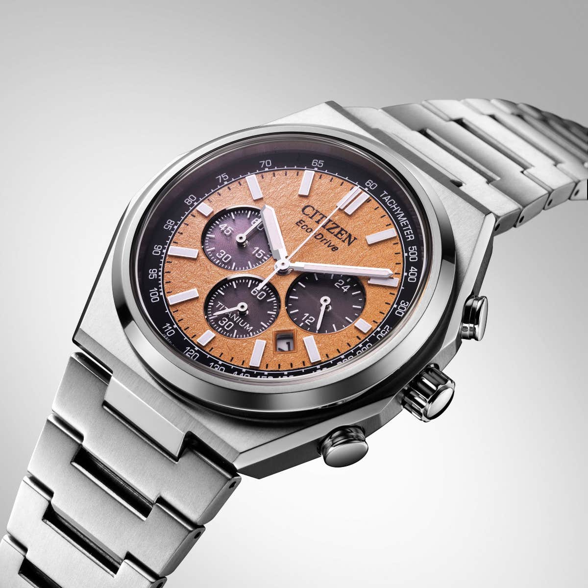 Citizen Eco-Drive Zenshin Salmon Dial Titanium Mens Chronograph Watch CA4610-85Z