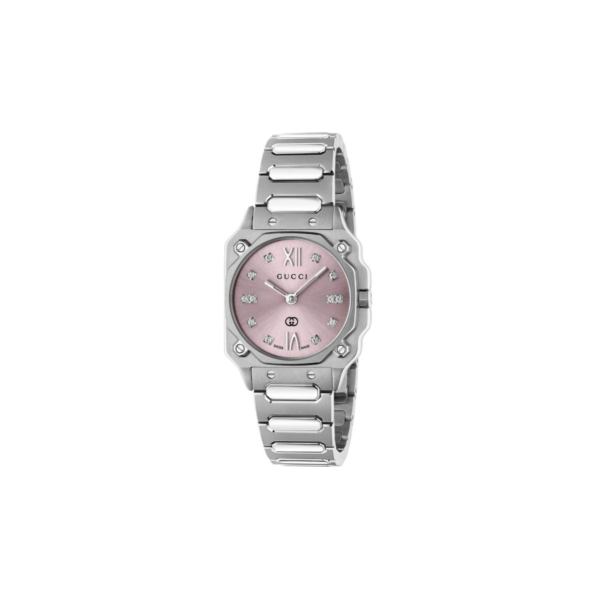 Gucci G-Flat Diamond Set Pink Dial Stainless Steel Womens Quartz Watch YA166501