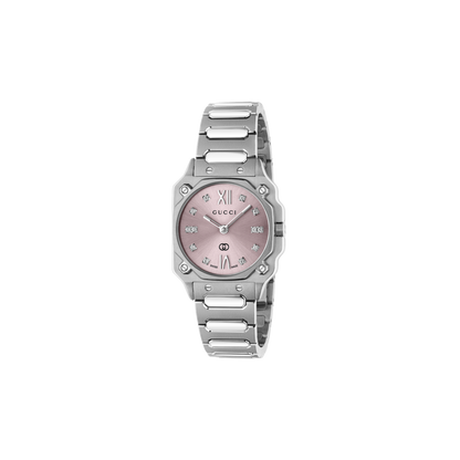 Gucci G-Flat Diamond Set Pink Dial Stainless Steel Womens Quartz Watch YA166501