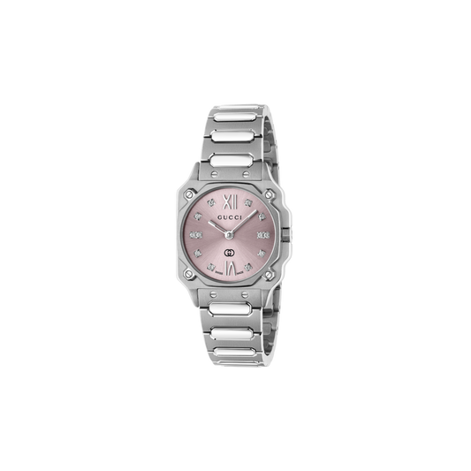 Gucci G-Flat Diamond Set Pink Dial Stainless Steel Womens Quartz Watch YA166501