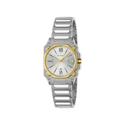 Gucci G-Flat Silver Dial Two Tone Womens Quartz Watch YA166506