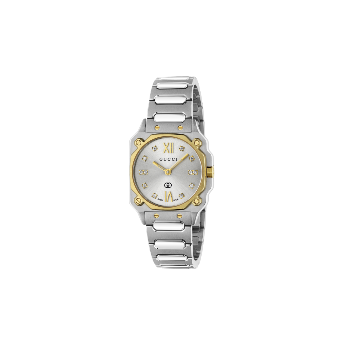 Gucci G-Flat Silver Diamond Set Dial Two Tone Womens Quartz Watch YA166503