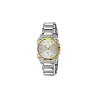 Gucci G-Flat Silver Diamond Set Dial Two Tone Womens Quartz Watch YA166503