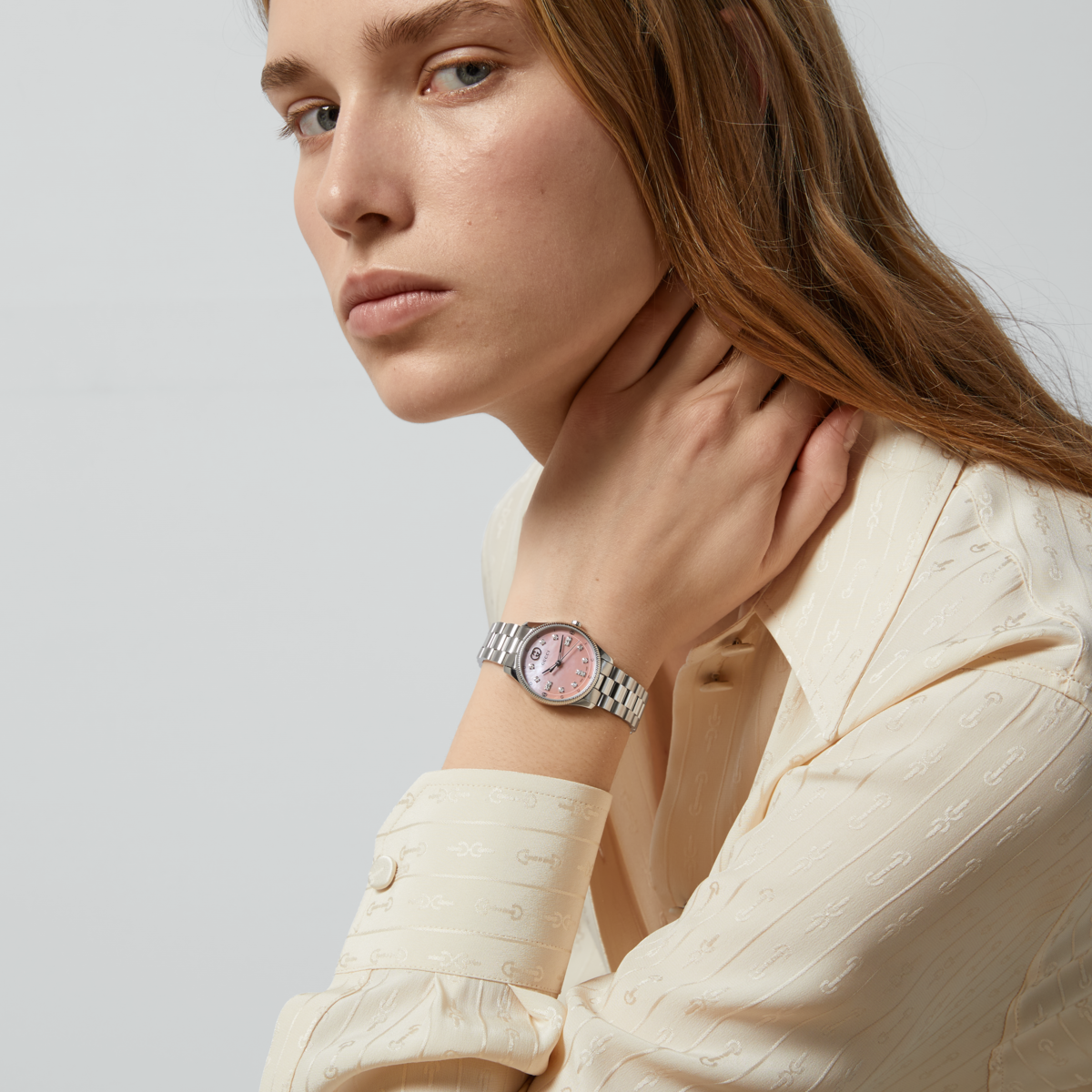 Gucci G-Timeless Pink Mother of Pearl Diamond Set Dial Stainless Steel Womens Quartz Watch YA1265062