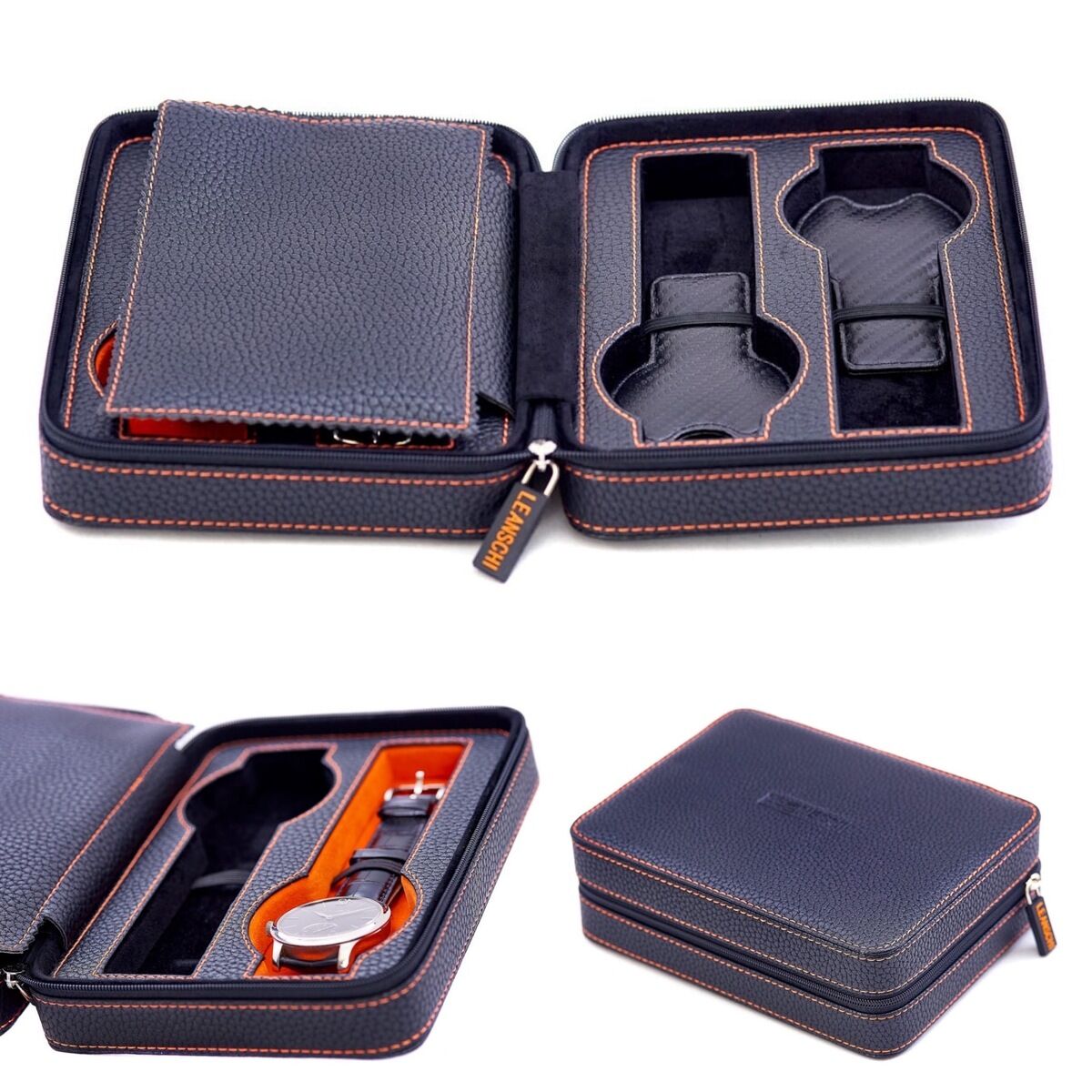LEANSCHI Black 4 Watch Travel/Storage Zip Pouch Case