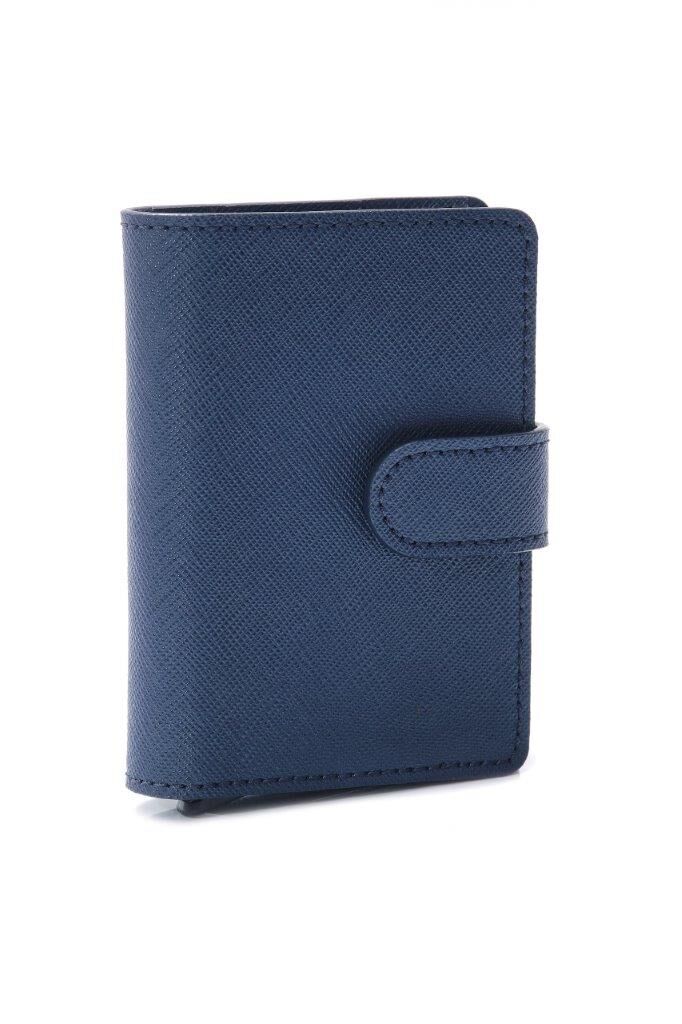 LEANSCHI Blue Leather RFID Safe Credit Card Holder with Aluminium Container