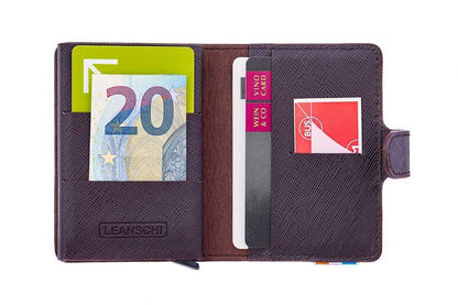 LEANSCHI Brown Leather RFID Safe Credit Card Holder with Aluminium Container