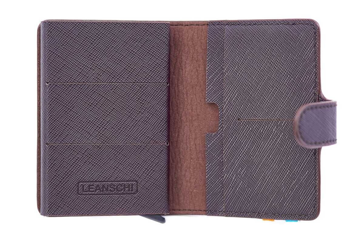 LEANSCHI Brown Leather RFID Safe Credit Card Holder with Aluminium Container