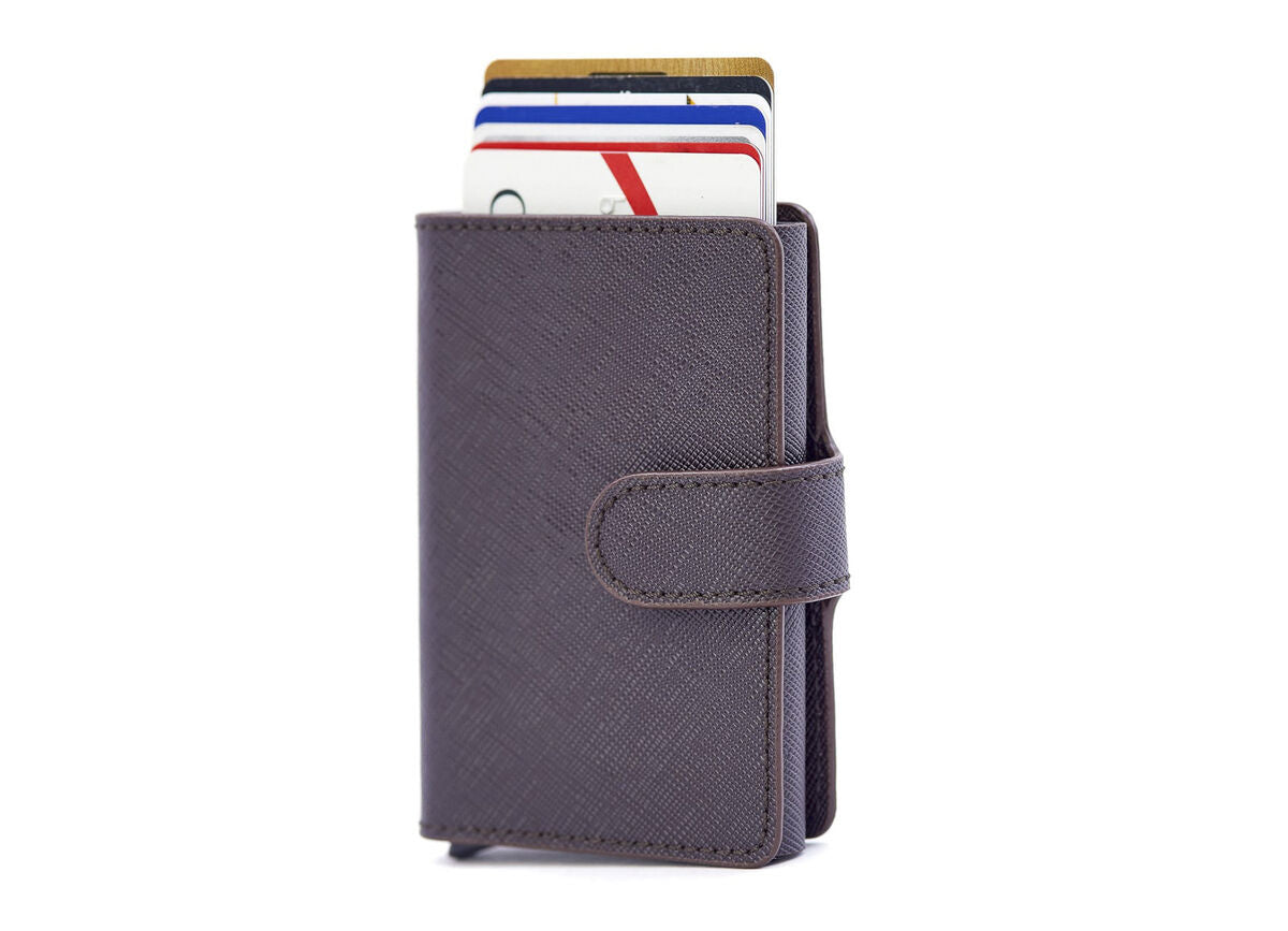 LEANSCHI Brown Leather RFID Safe Credit Card Holder with Aluminium Container