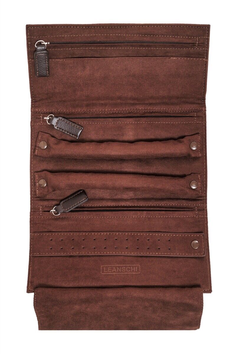 LEANSCHI Chocolate Brown Jewellery Roll Travel Pouch Case