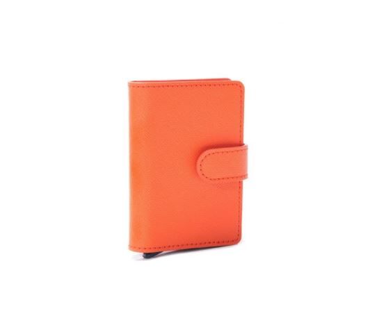 LEANSCHI Orange Leather RFID Safe Credit Card Holder with Aluminium Container