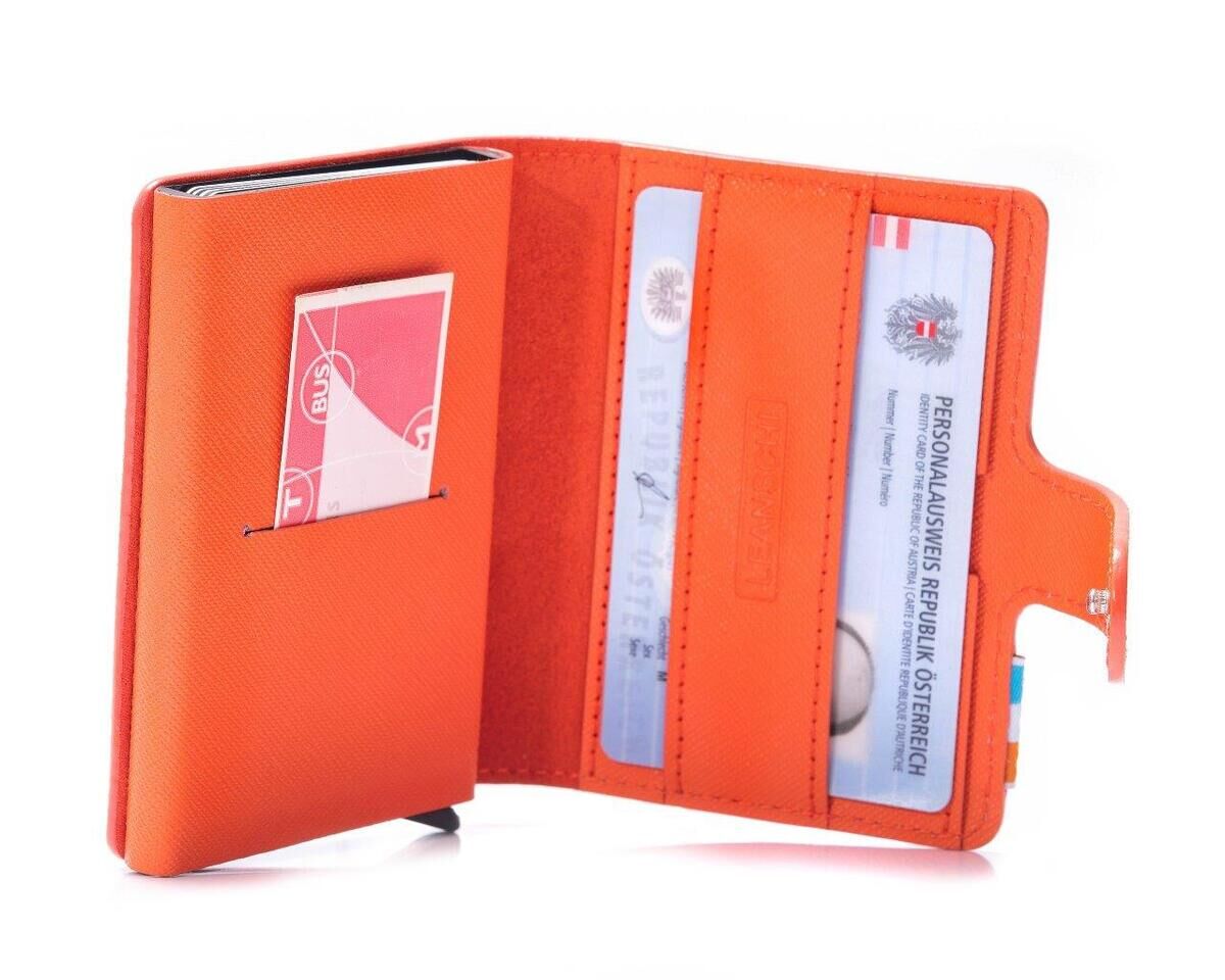 LEANSCHI Orange Leather RFID Safe Credit Card Holder with Aluminium Container