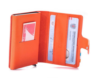 LEANSCHI Orange Leather RFID Safe Credit Card Holder with Aluminium Container