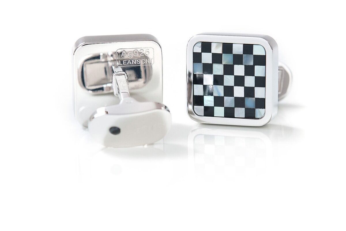 LEANSCHI Sterling Silver, Onyx & Mother of Pearl T-Bar Cufflinks AN HOMAGE TO KOLO M. (VIENNA 1900)